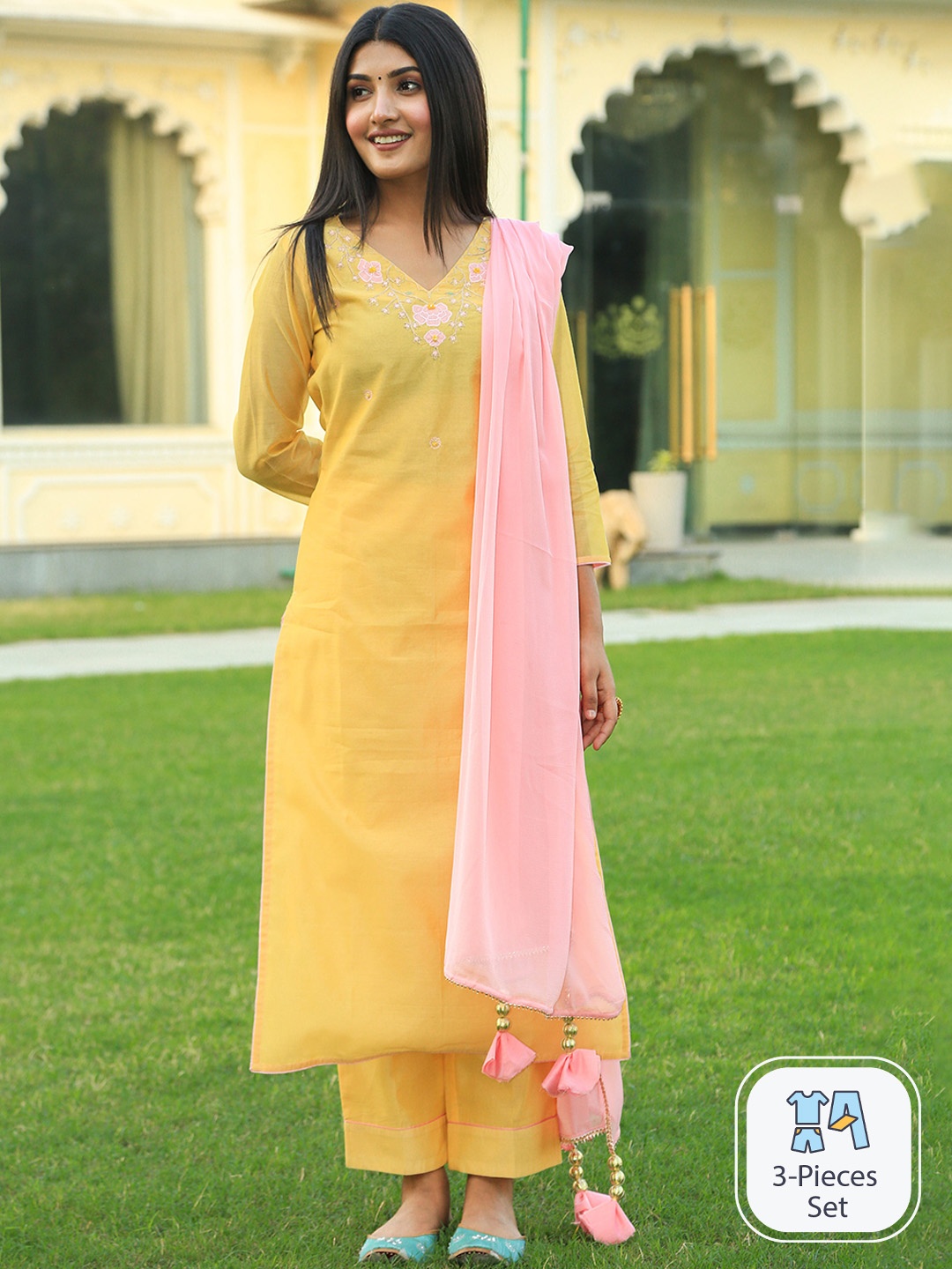 

Indian Virasat Floral Embroidered Regular Chanderi Cotton Kurta with Trousers & Dupatta, Yellow