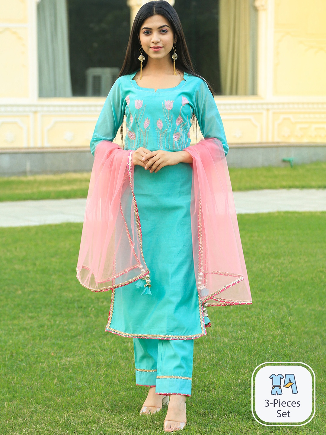 

Indian Virasat Floral Embroidered Gotta Patti Kurta With Trousers & Dupatta, Blue