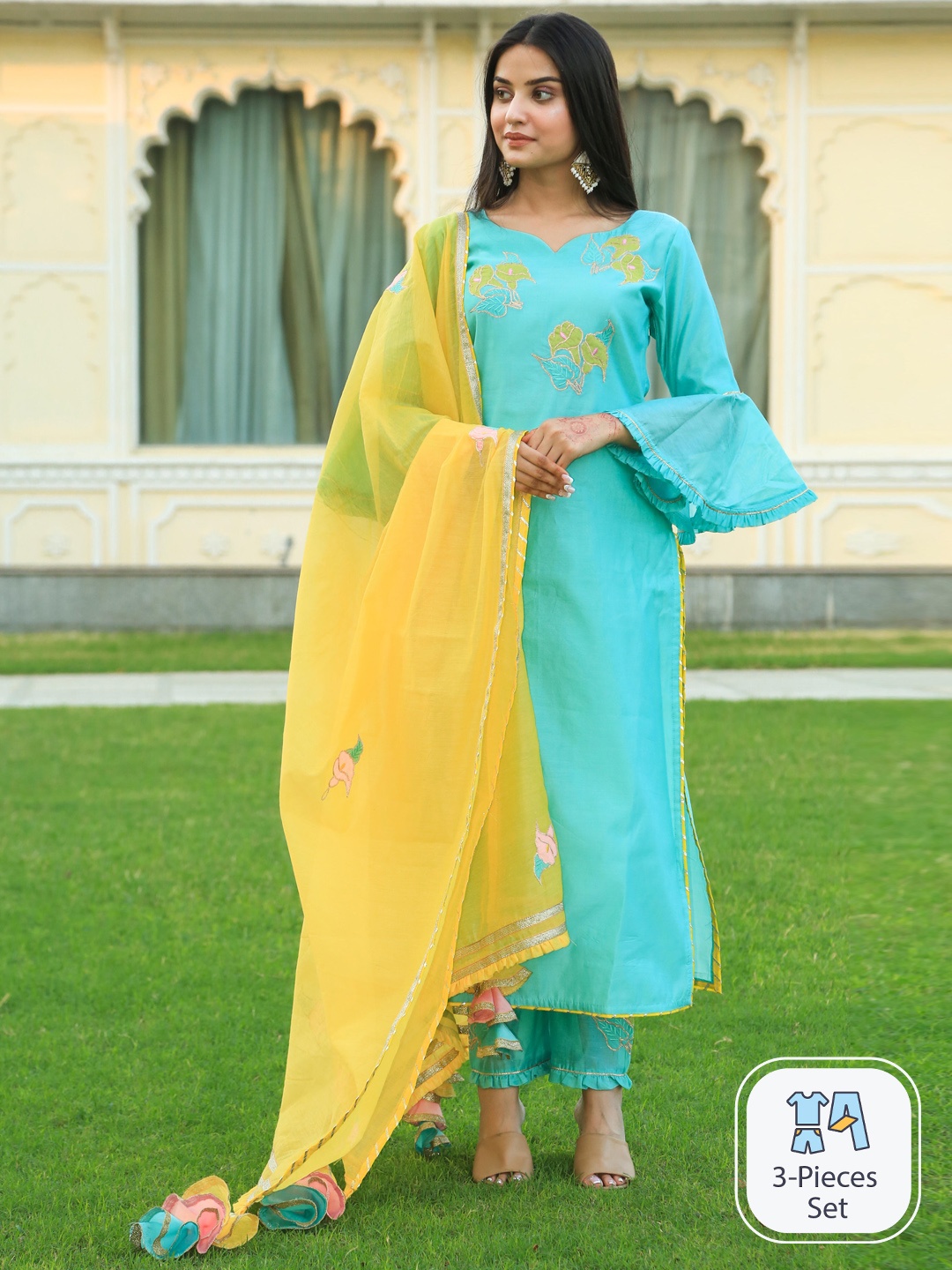 

Indian Virasat Ethnic Motifs Embroidered Gotta Patti Kurta With Trousers & Dupatta, Blue