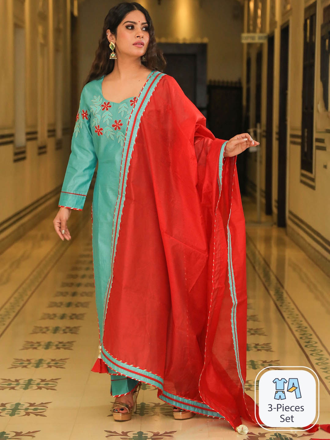 

Indian Virasat Yoke Design Thread Work Chanderi Cotton Kurta with Trousers & Dupatta, Green