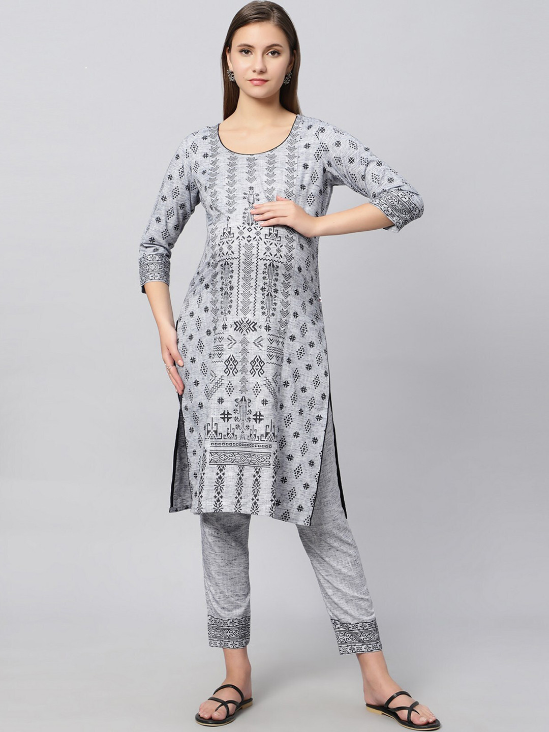 

True Shape Ethnic Motifs Printed Regular Maternity Kurta with Trousers, Grey
