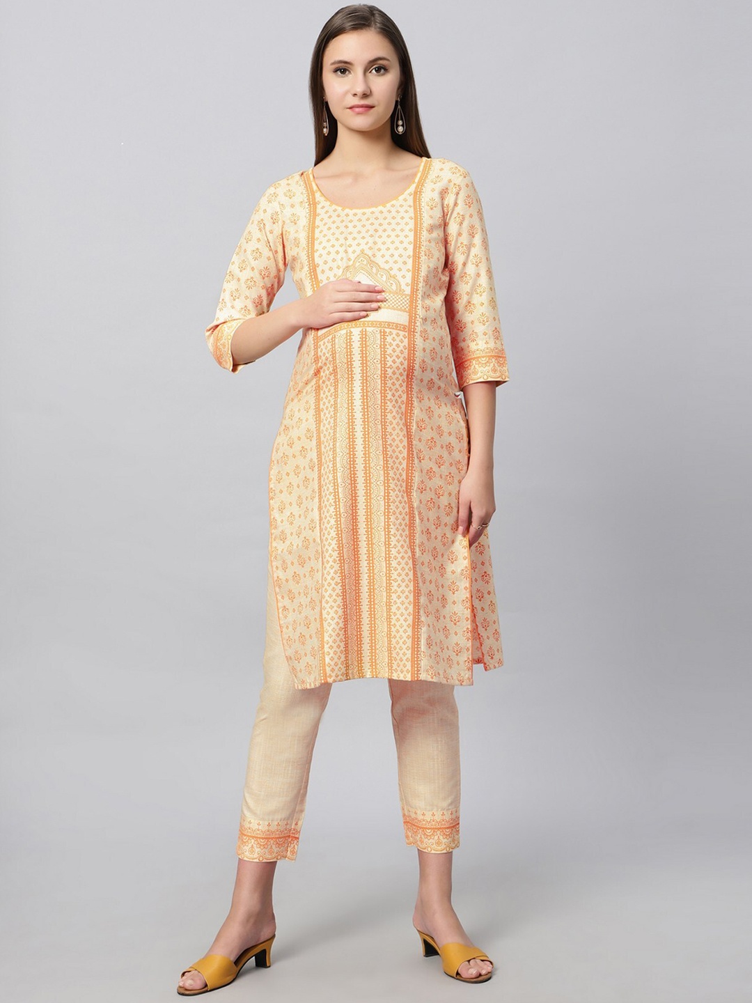 

True Shape Ethnic Motifs Printed Regular Maternity Kurta with Trousers, Yellow