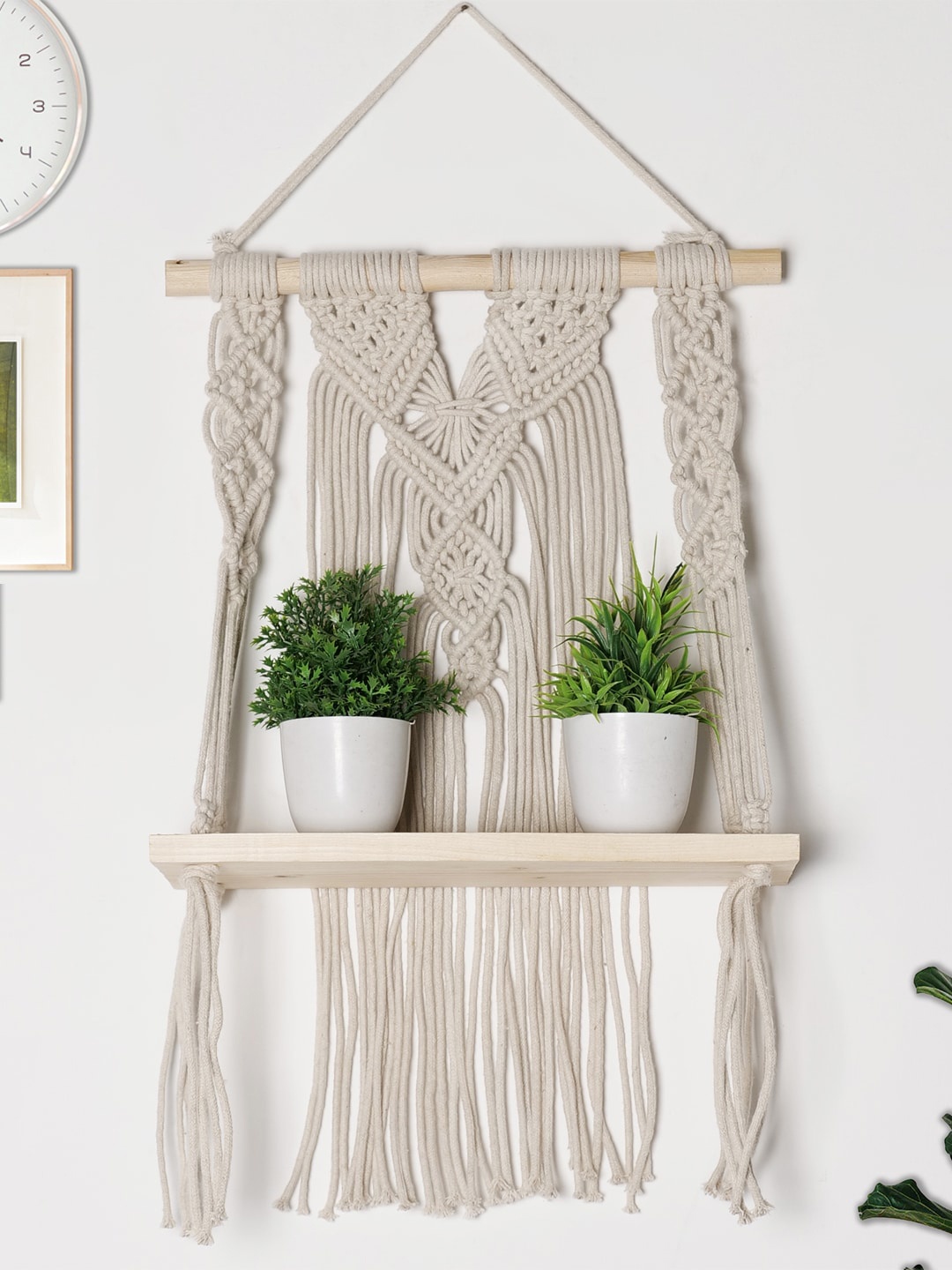 

Decazone Beige Wood Macrame Wall Hanging Shelf