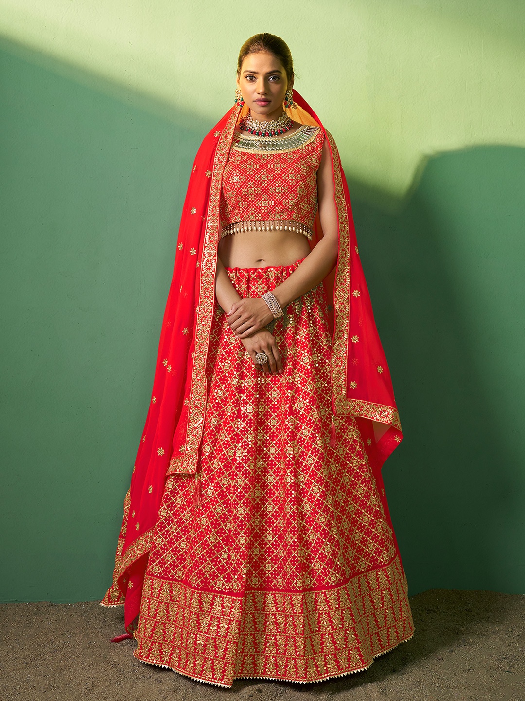 

Fusionic Embroidered Sequinned Semi-Stitched Lehenga & Unstitched Blouse With Dupatta, Red