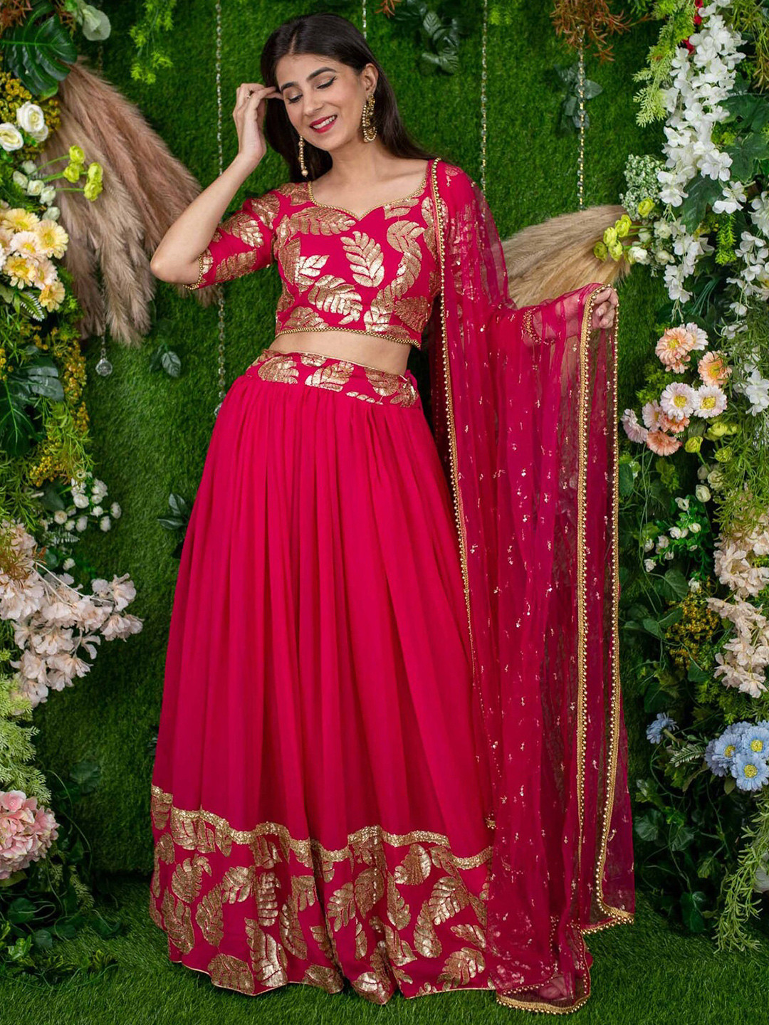 

FABPIXEL Embroidered Sequinned Semi-Stitched Lehenga & Unstitched Blouse With Dupatta, Pink