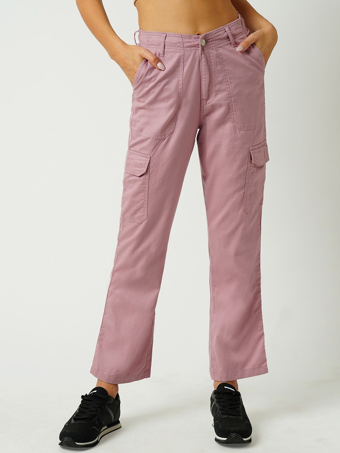 

Kraus Jeans Women Loose Fit High-Rise Pure Cotton Cargo Trousers, Rose