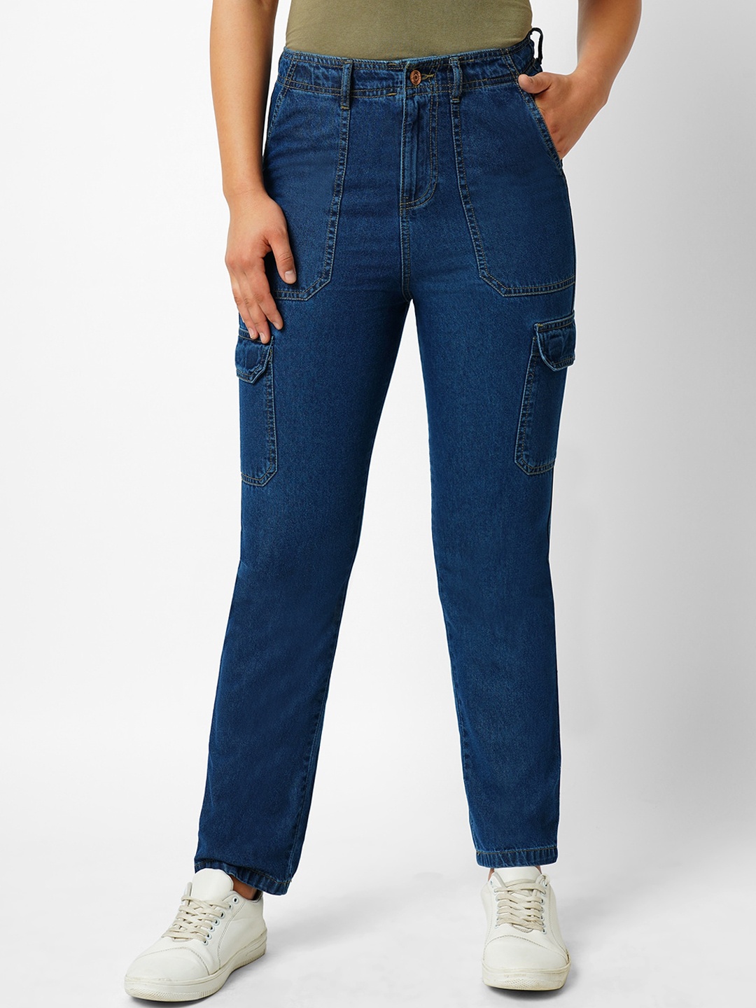 

Kraus Jeans Women High Rise Clean Look Pure Cotton Cargo Jeans, Blue
