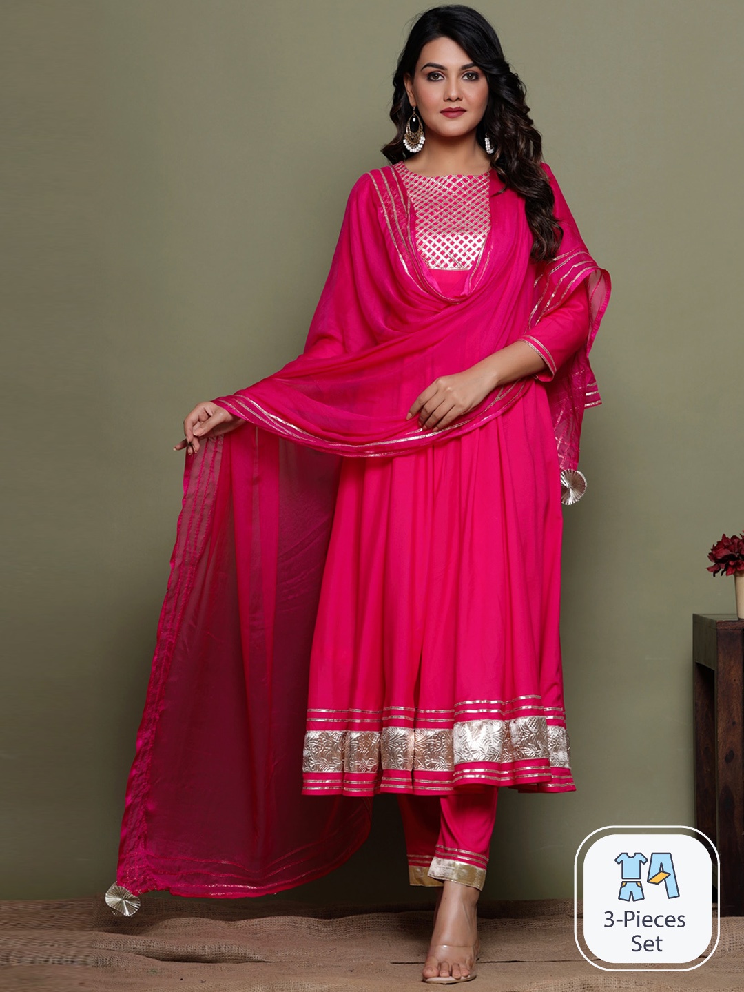 

PINKVILLE JAIPUR Yoke Design Regular Gotta Patti Kurta With Trousers & Dupatta, Pink