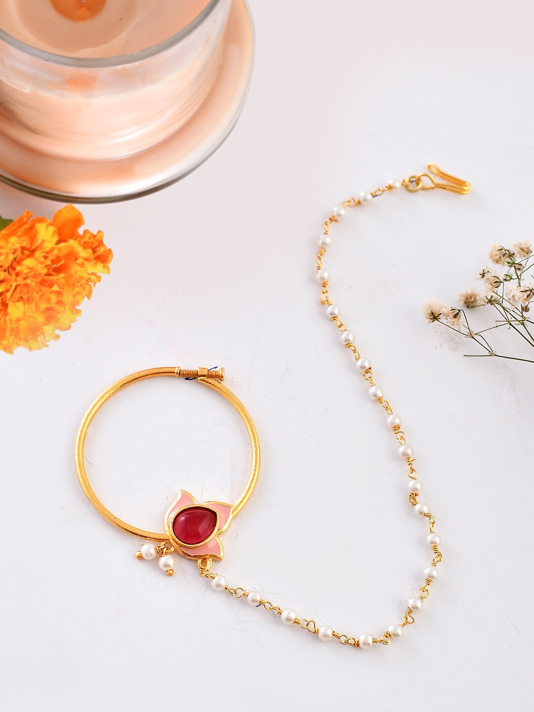 

Voylla Gold-Plated Stone-Studded Non-Piercing Nosepin With Beaded Extension