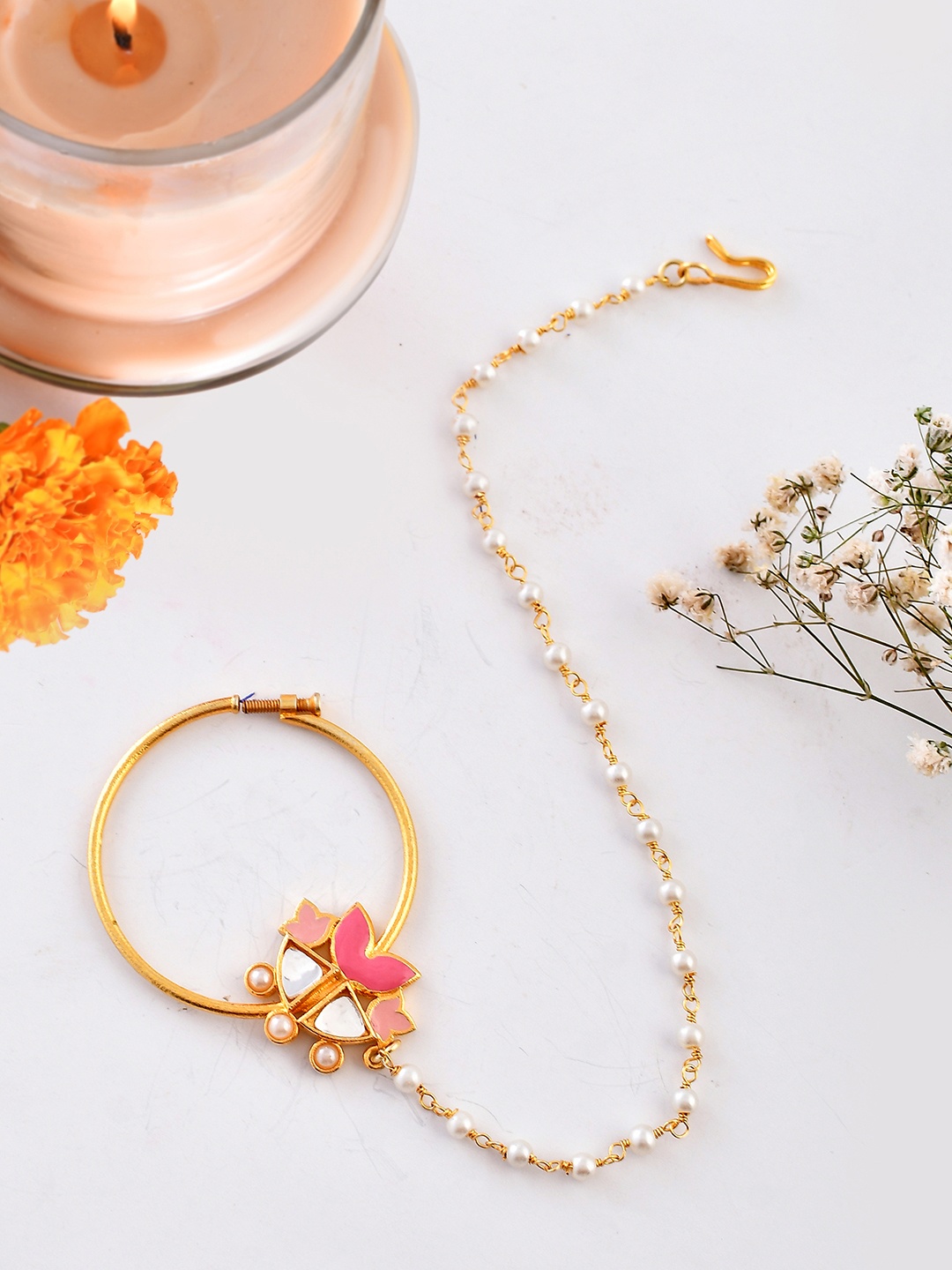 

Voylla Gold-Plated Crystals- Studded Nosepin With Beaded Extension