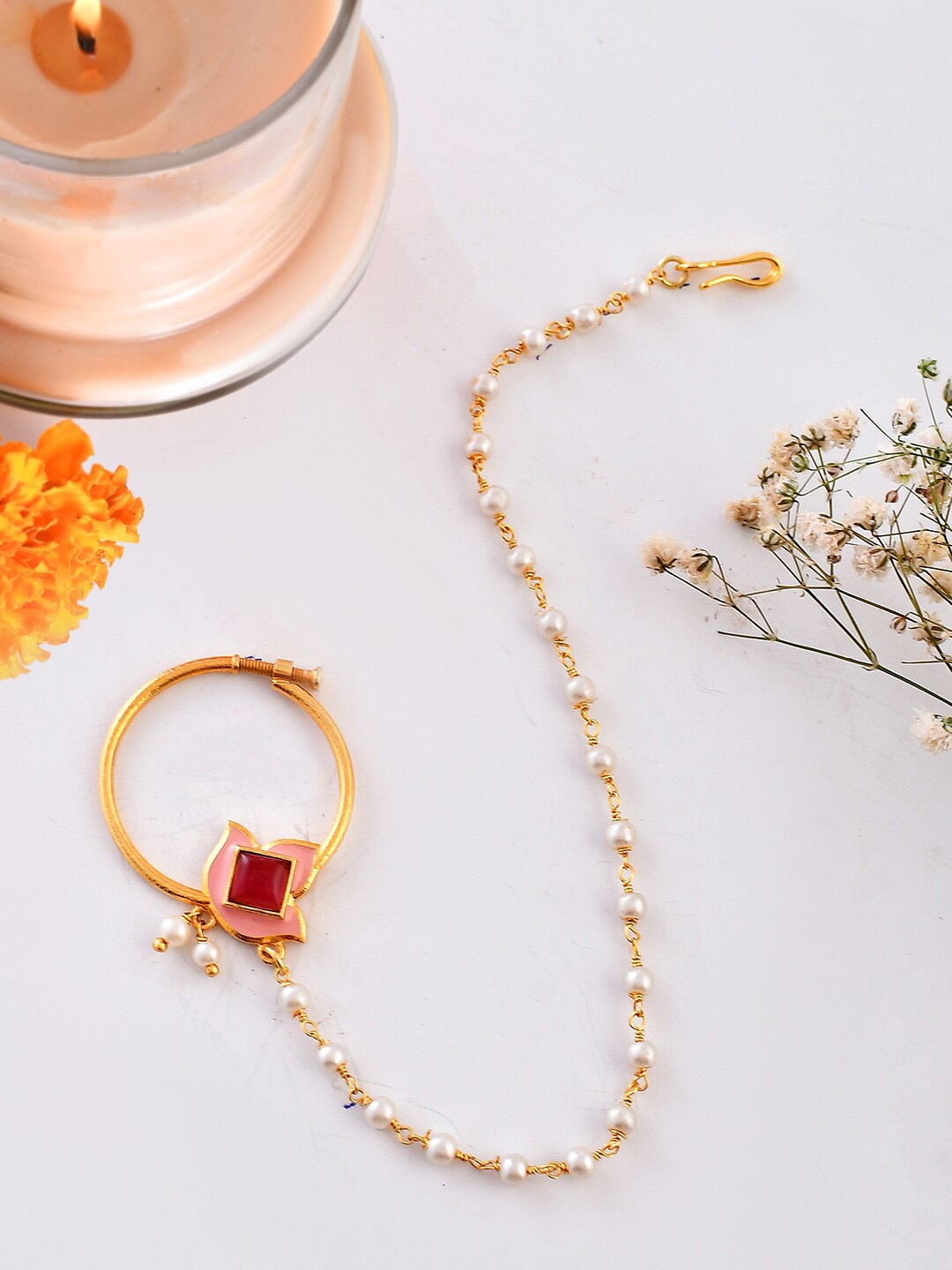 

Voylla Gold-Plated Crystals- Studded Nosepin With Beaded Extension