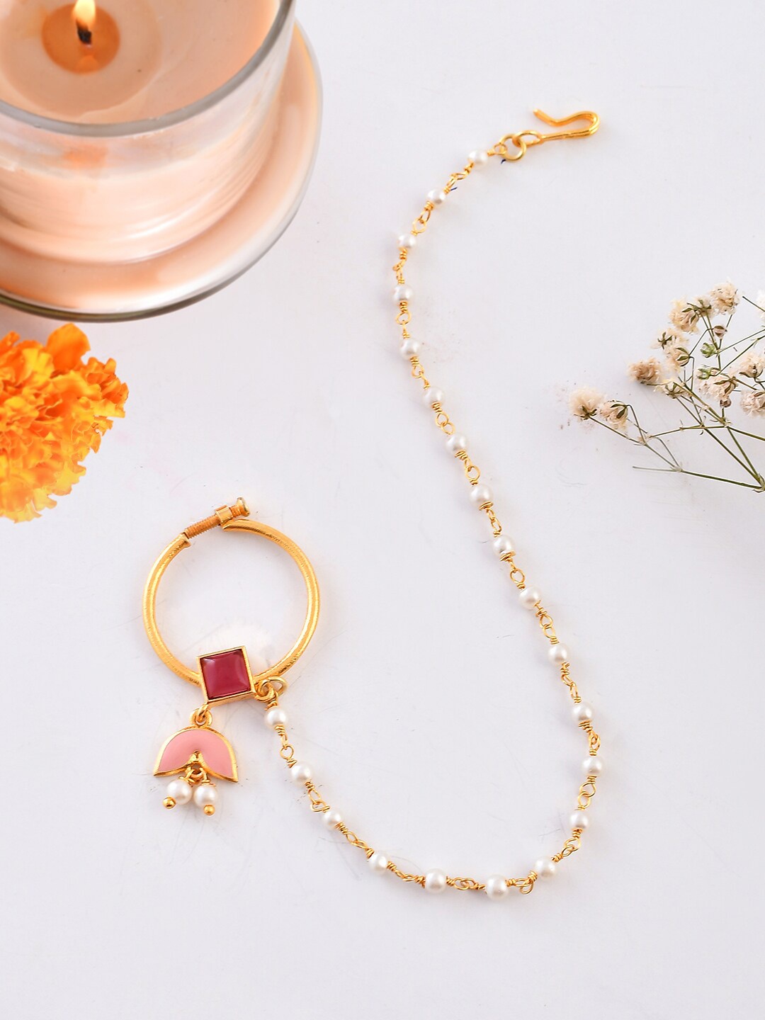 

Voylla Gold-Plated Stone-Studded Non-Piercing Nosepin With Beaded Extension