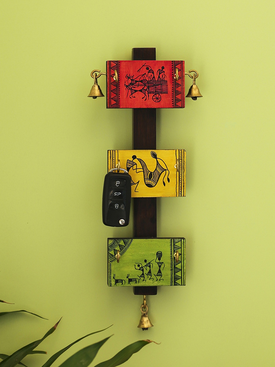 

ExclusiveLane Multicoloured Warli Hand-Painted Pine Teak Wood Key Holder, Multi