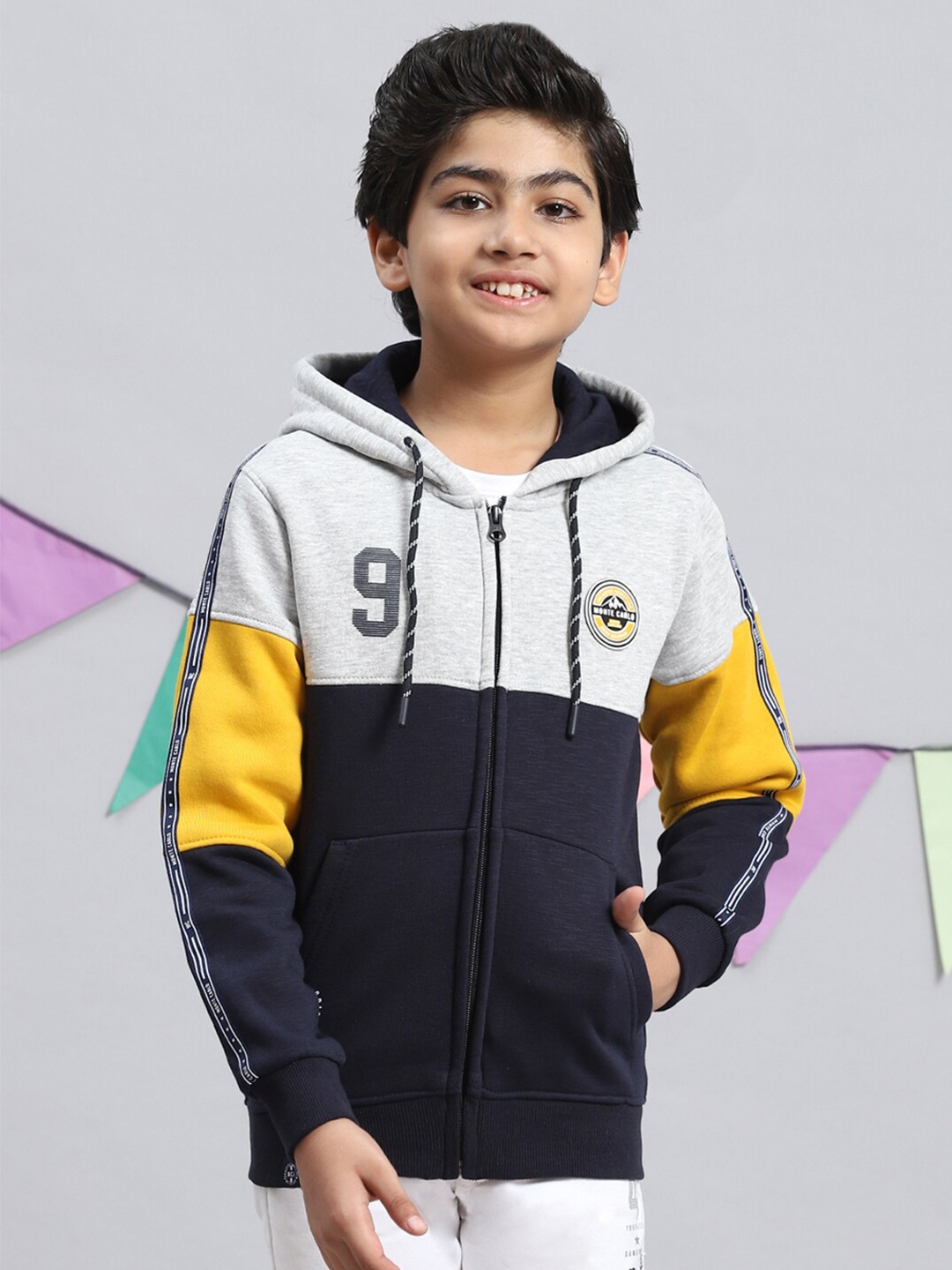 

Monte Carlo Boys Colourblocked Hooded Front-Open Sweatshirt, Navy blue