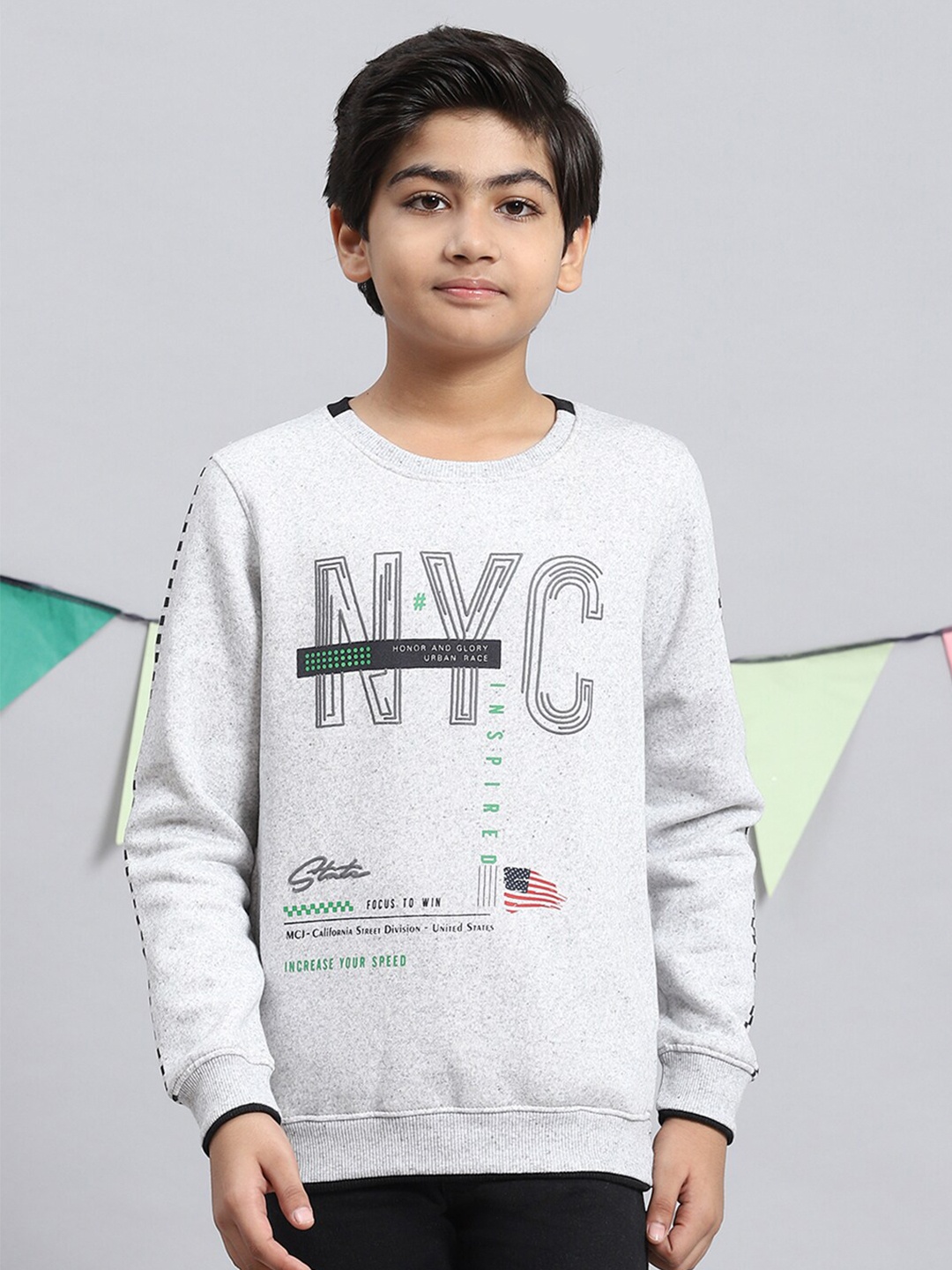 

Monte Carlo Boys Typography Printed Cotton Pullover Sweatshirt, Grey melange