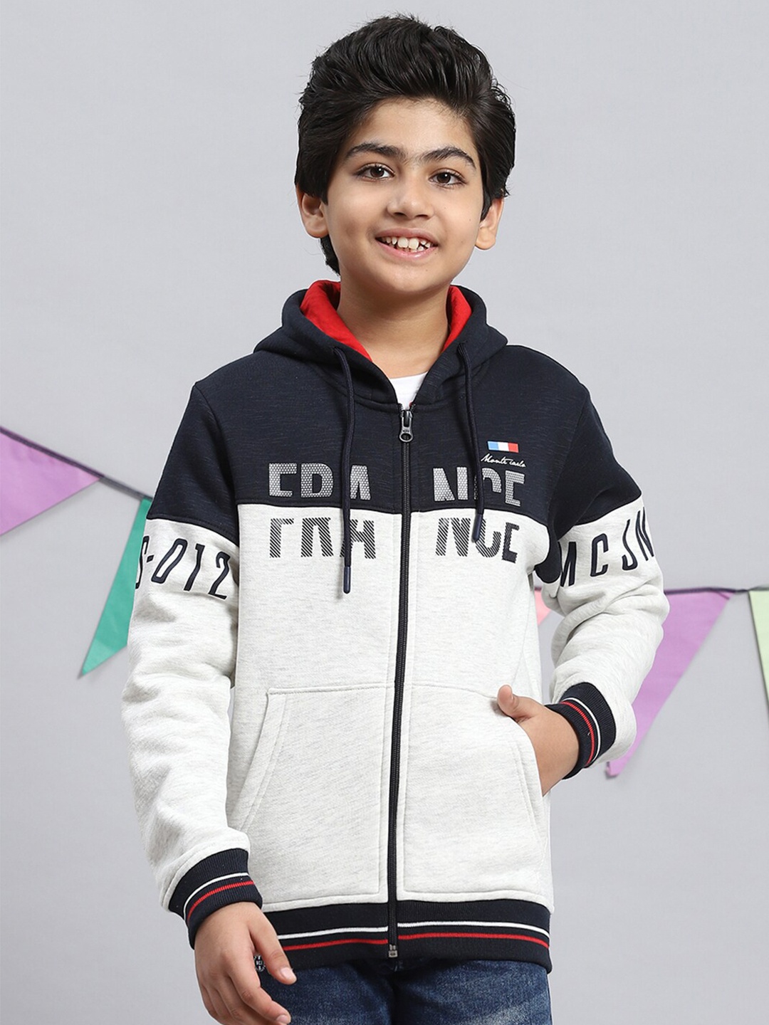 

Monte Carlo Boys Colourblocked Hooded Front-Open Sweatshirt, Grey melange