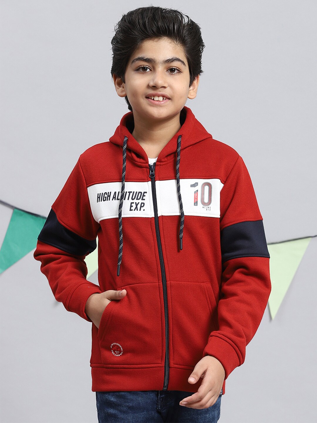

Monte Carlo Boys Colourblocked Hooded Front-Open Sweatshirt, Rust