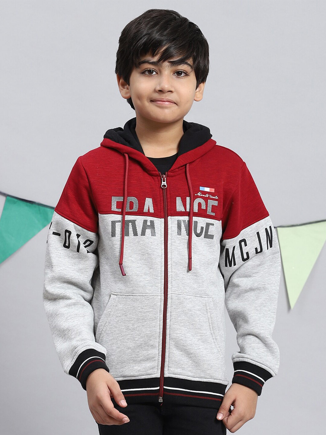 

Monte Carlo Boys Colourblocked Hooded Front-Open Sweatshirt, Grey melange