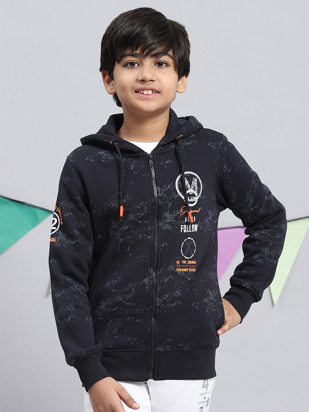 

Monte Carlo Boys Graphic Printed Hooded Front-Open Sweatshirt, Navy blue