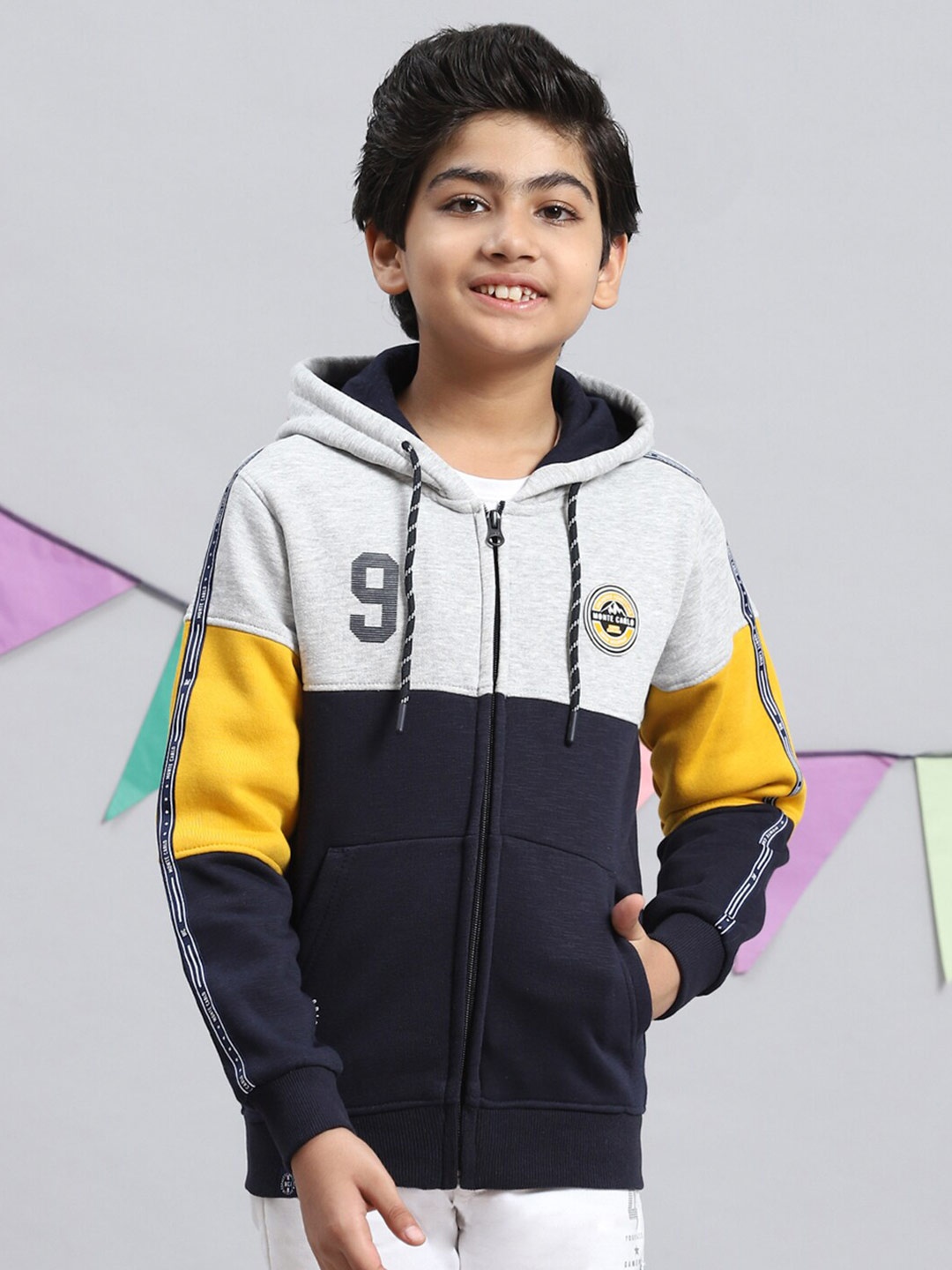 

Monte Carlo Boys Colourblocked Cotton Hooded Front-Open Sweatshirt, Navy blue