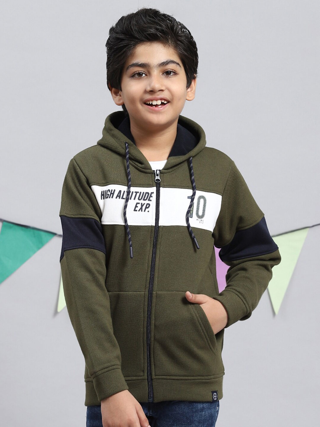 

Monte Carlo Boys Typography Printed Hooded Front-Open Sweatshirt, Olive