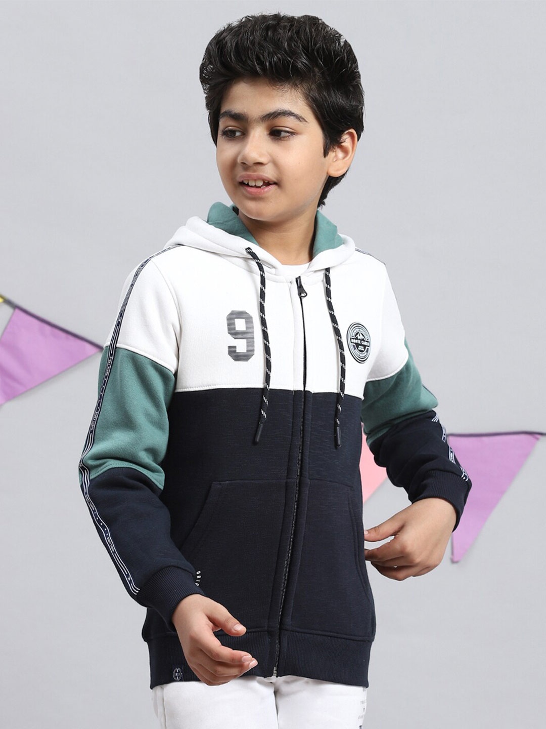 

Monte Carlo Boys Colourblocked Hooded Front-Open Sweatshirt, Navy blue