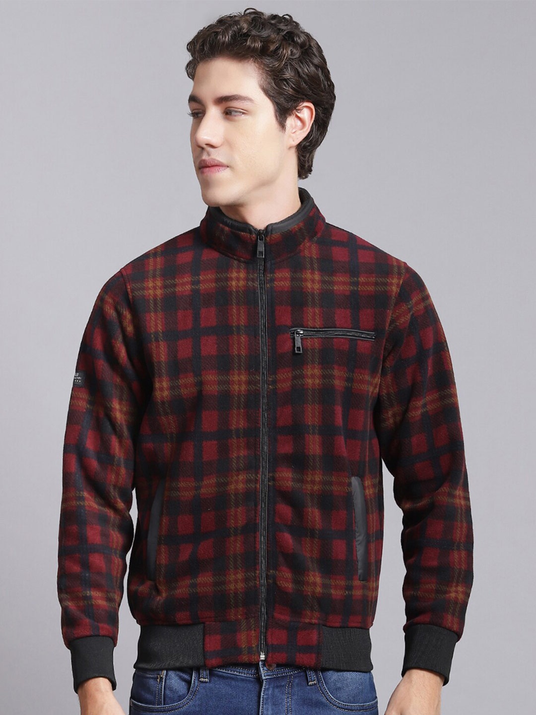 

Monte Carlo Checked Mock Collar Front-Open Sweatshirt, Maroon