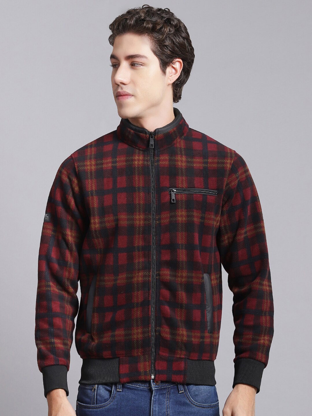 

Monte Carlo Checked Cotton Mock Collar Front-Open Sweatshirt, Maroon