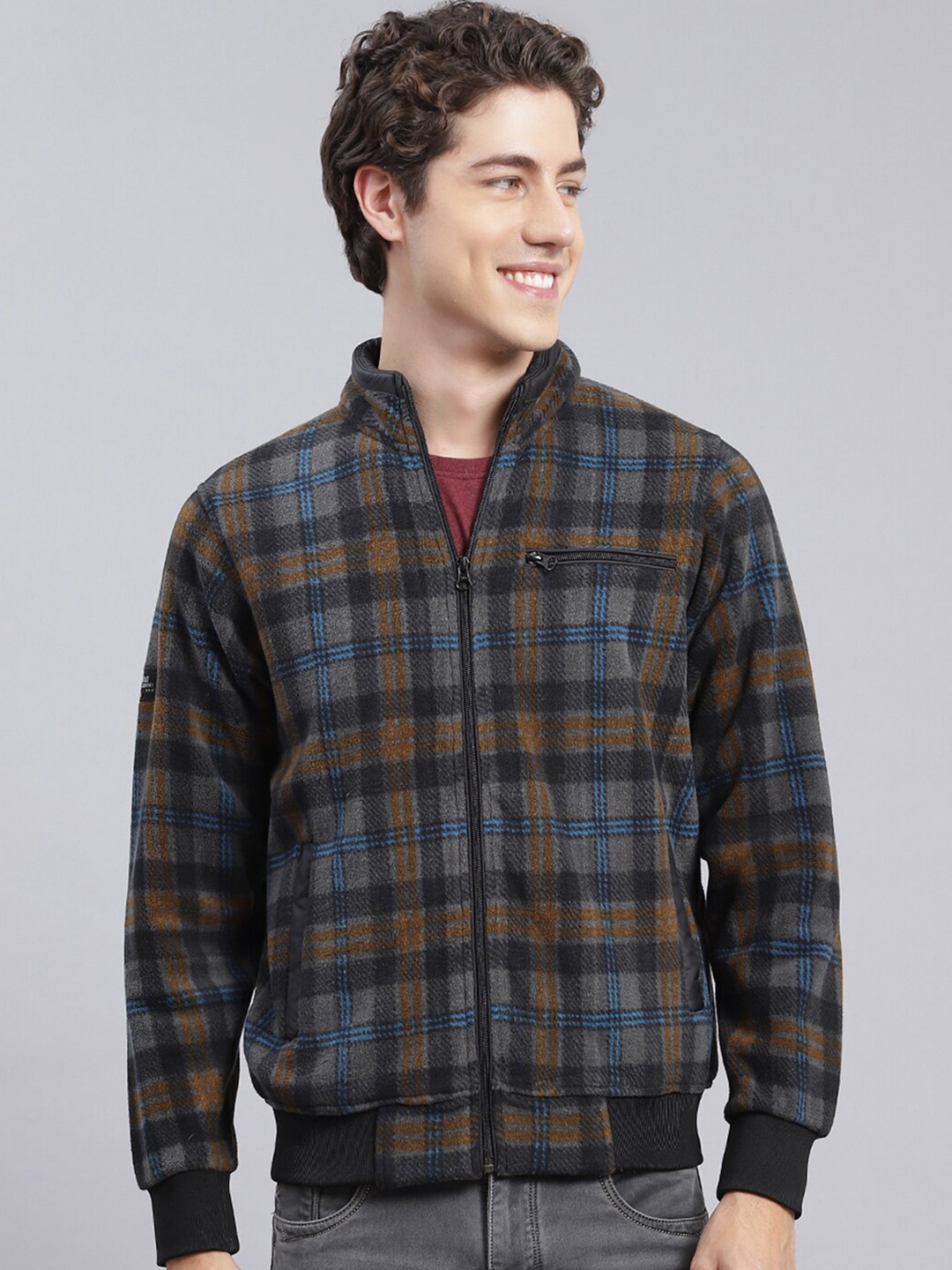 

Monte Carlo Checked Cotton Mock Collar Front-Open Sweatshirt, Grey