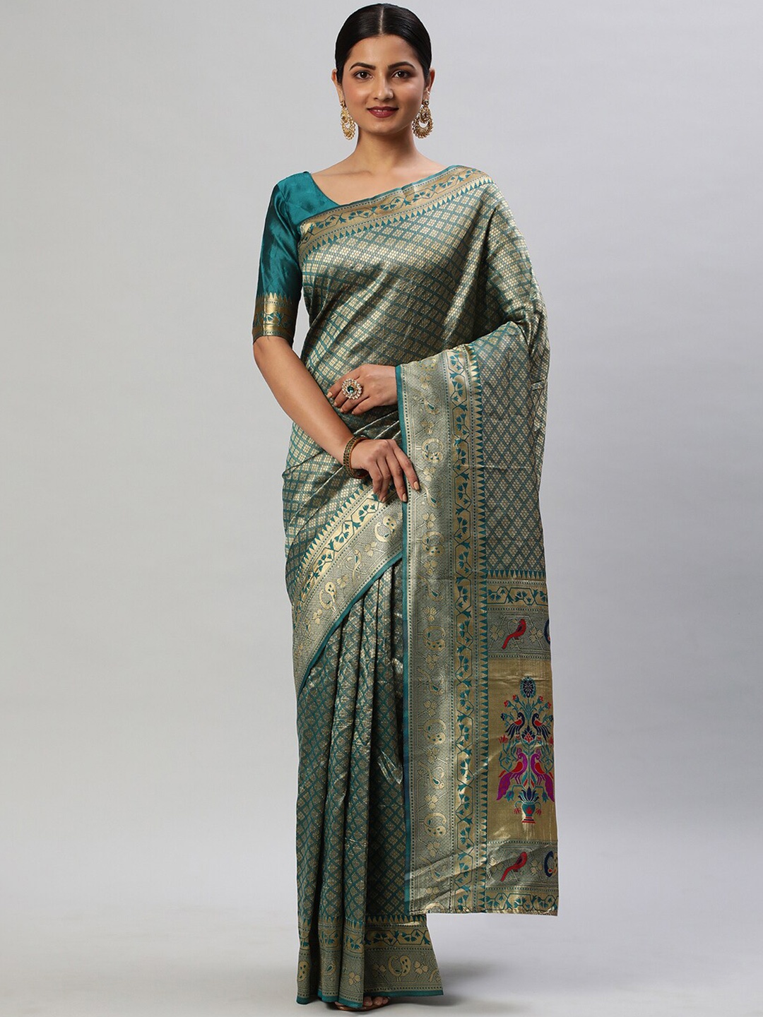 

Mitera Woven Design Zari Kanjeevaram Saree, Teal