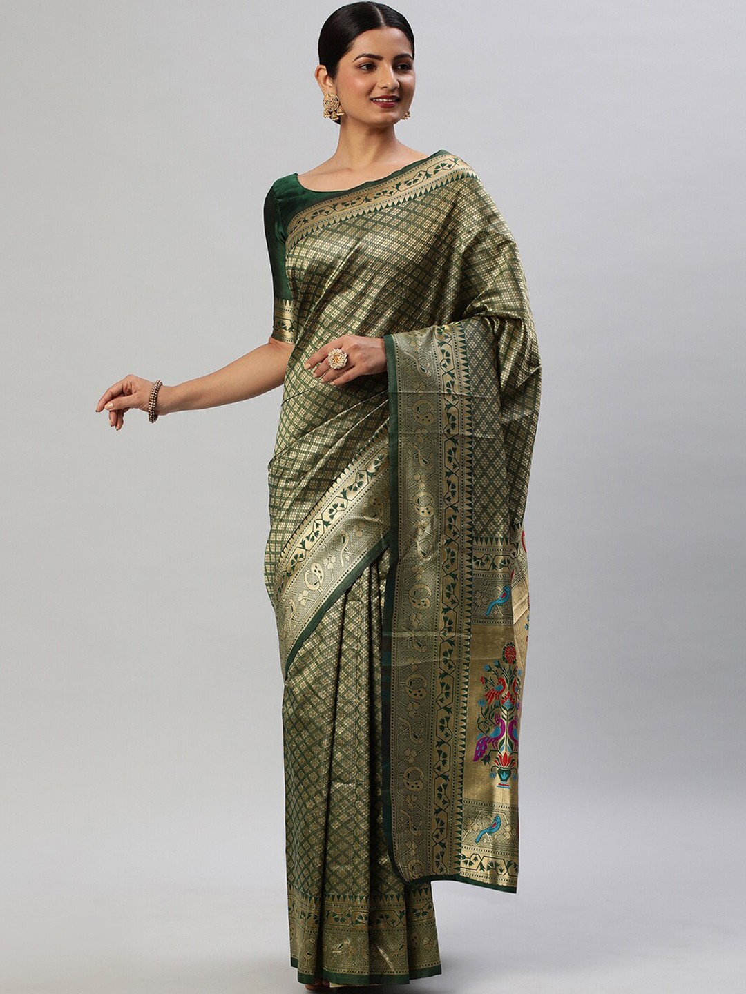 

Mitera Woven Design Zari Kanjeevaram Saree, Green
