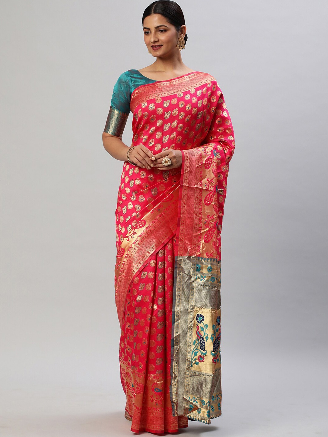 

Mitera Paisley Woven Design Zari Kanjeevaram Saree, Pink