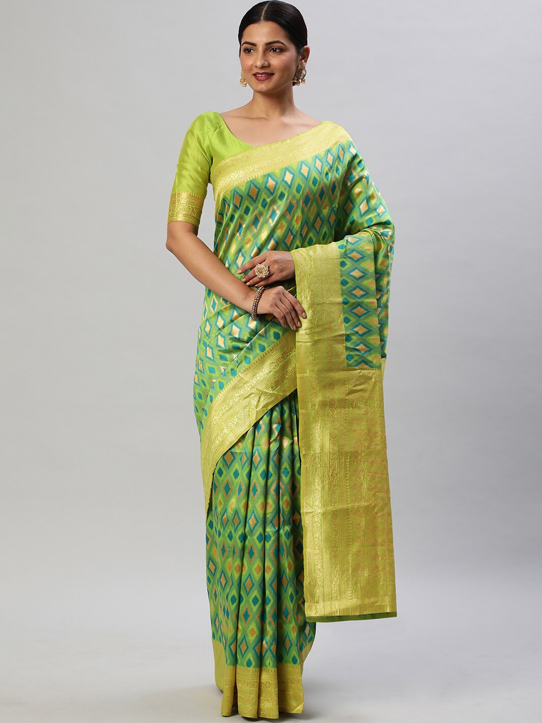 

Mitera Green & Yellow Ethnic Motifs Woven Design Zari Kanjeevaram Saree