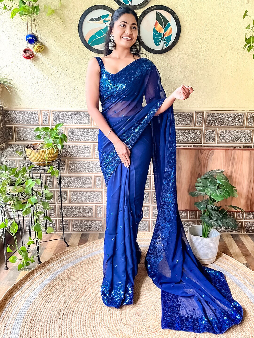 

Mitera Floral Embellished Sequined Pure Georgette Saree, Navy blue