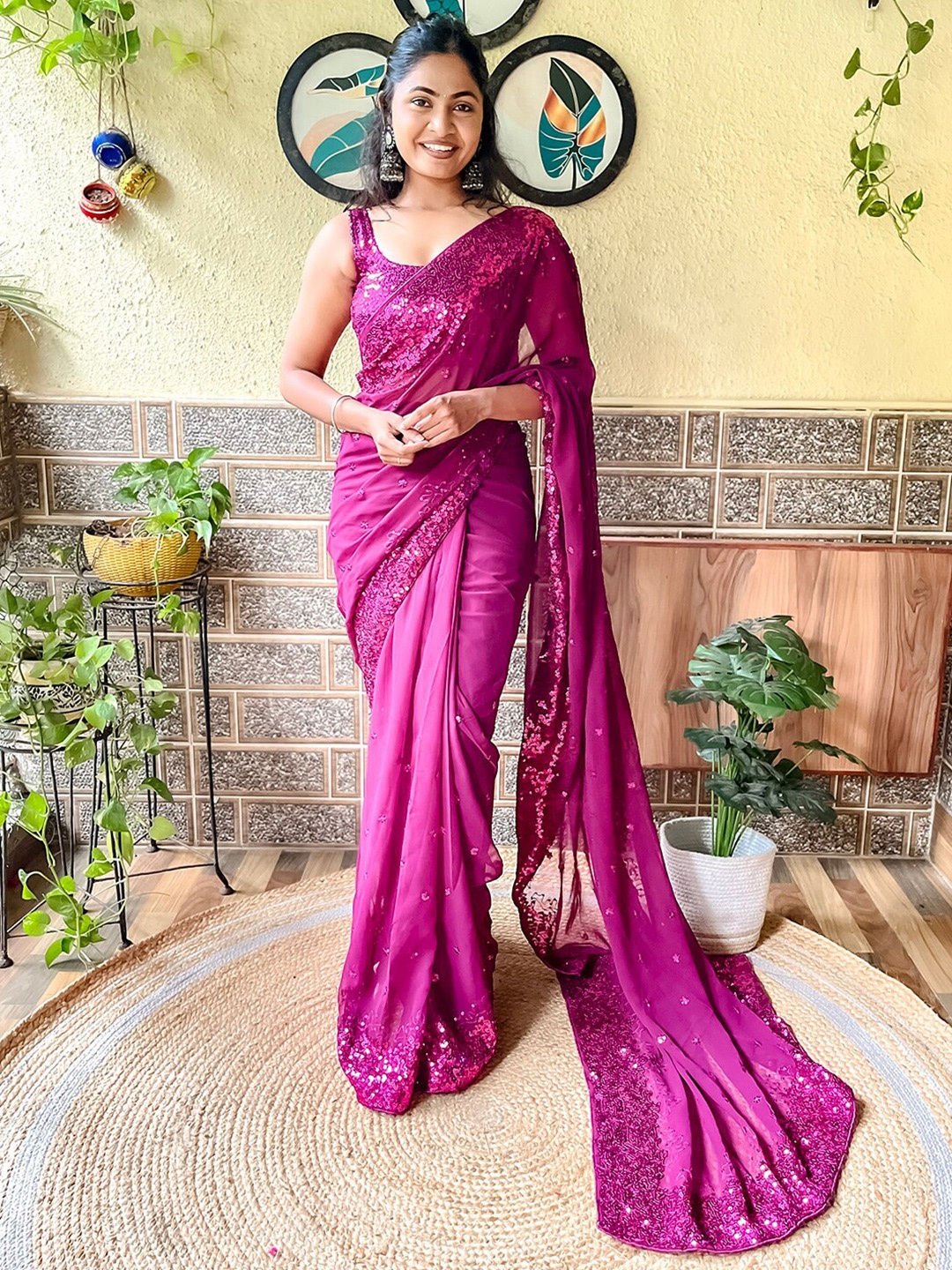 Mitera Floral Embellished Sequined Poly Georgette Saree, Magenta