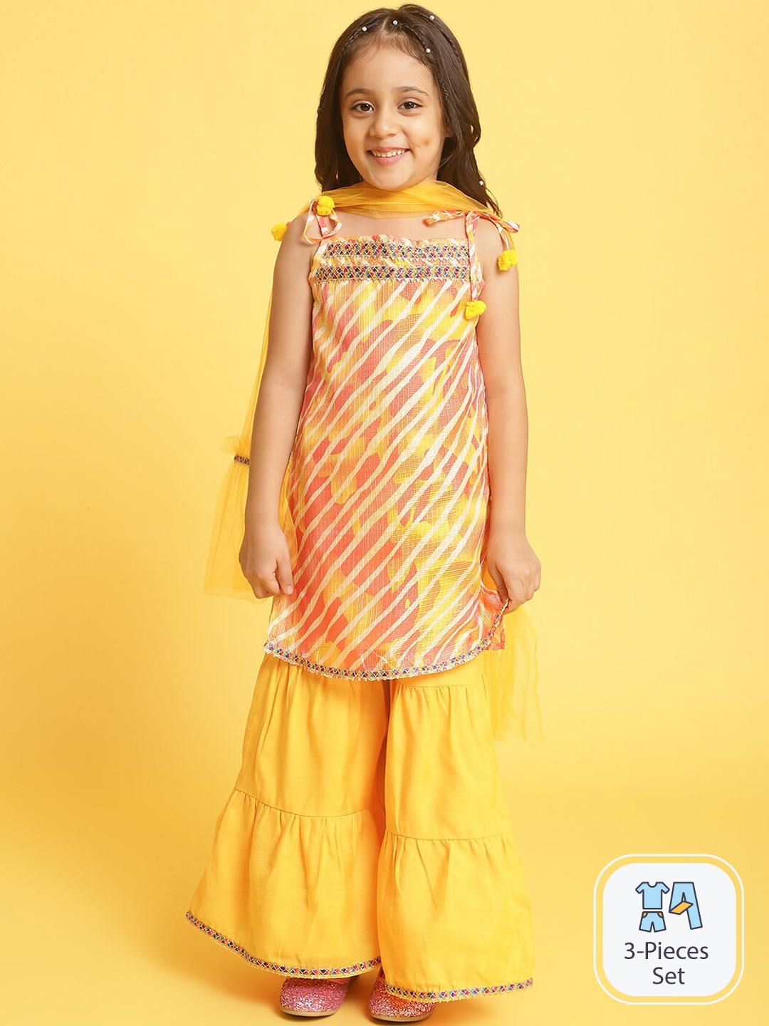

Nauti Nati Girls Striped Shoulder Straps Gotta Patti Kurti With Sharara & Dupatta, Mustard