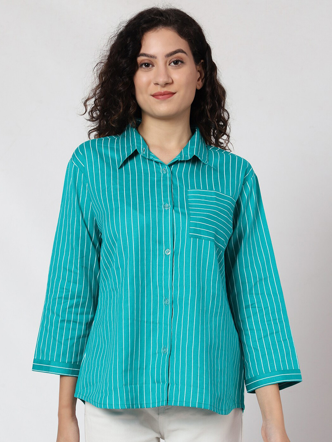 

Prettify Relaxed Opaque Striped Cotton Casual Shirt, Turquoise blue