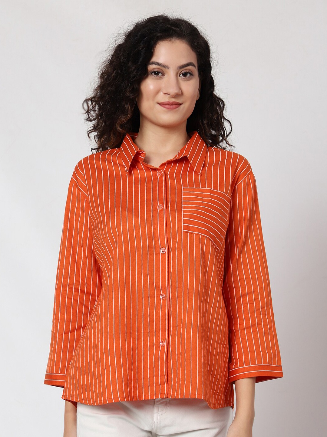

Prettify Relaxed Opaque Striped Cotton Casual Shirt, Orange
