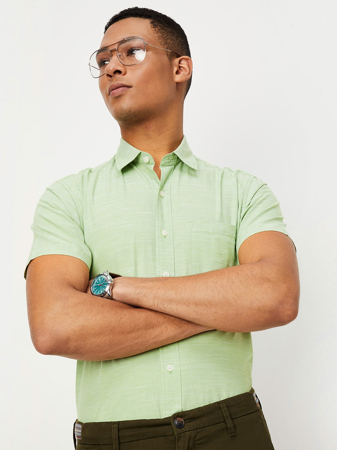 

max Textured Spread Collar Pure Cotton Casual Shirt, Green