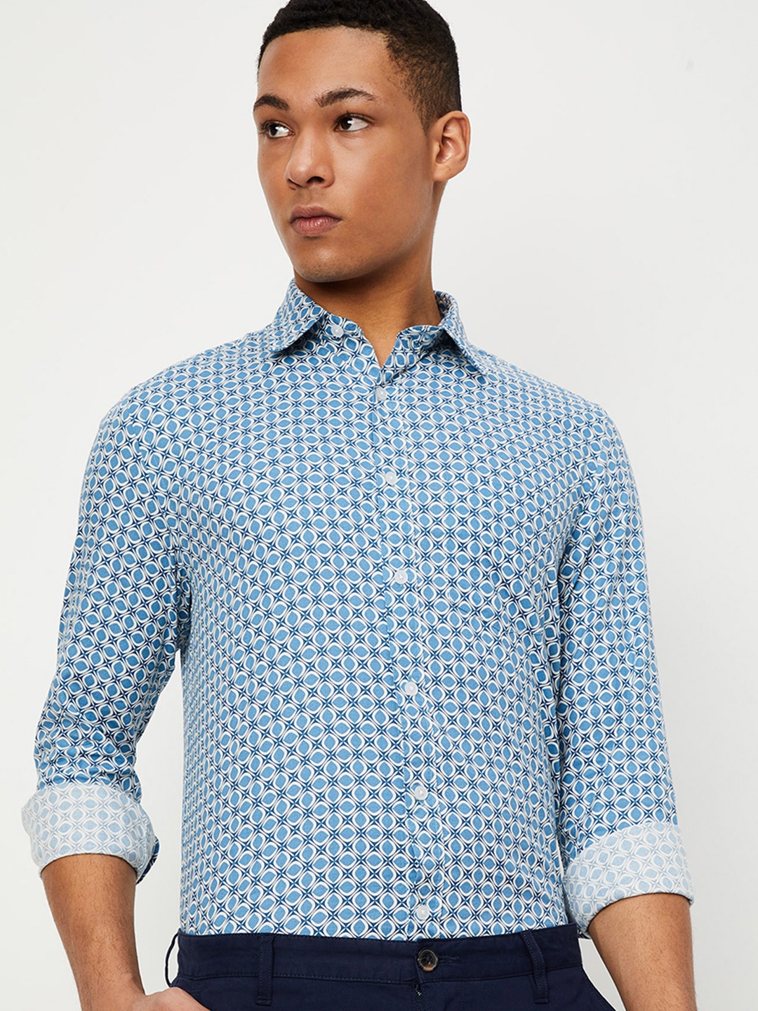 

max Ethnic Motifs Printed Spread Collar Pure Cotton Casual Shirt, Blue