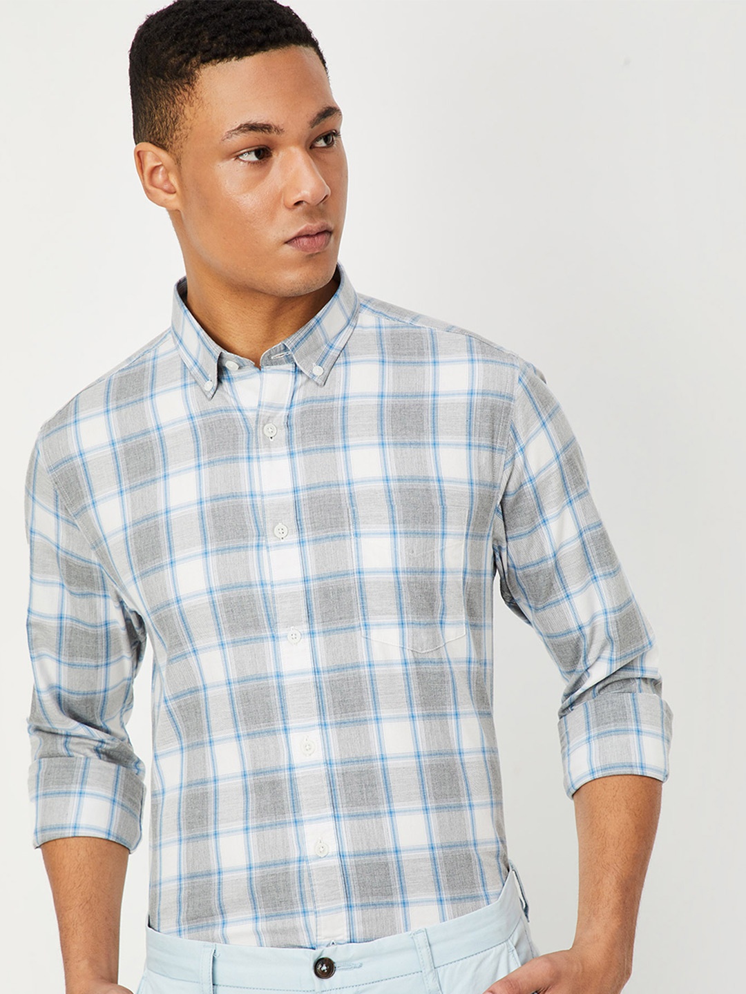 

max Tartan Checked Button-Down Collar Pure Cotton Casual Shirt, Grey