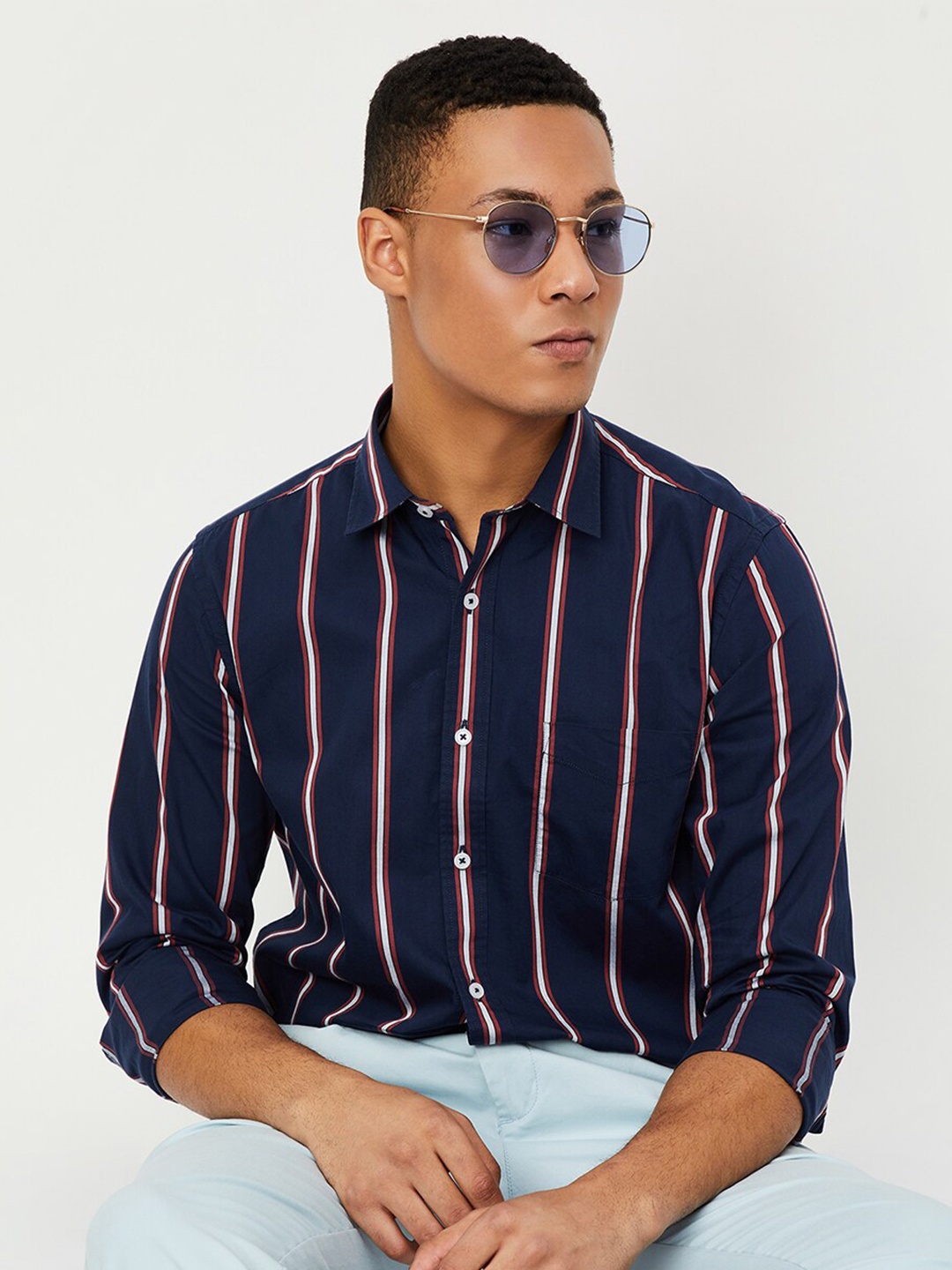 

max Men Striped Pure Cotton Casual Shirt, Blue