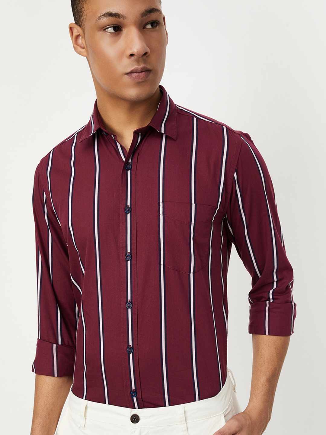

max Vertical Striped Spread Collar Pure Cotton Casual Shirt, Red