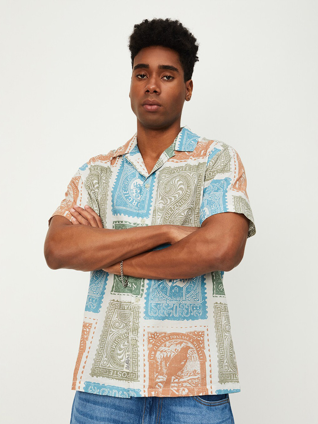 

max Ethnic Motifs Printed Spread Collar Pure Cotton Casual Shirt, Blue