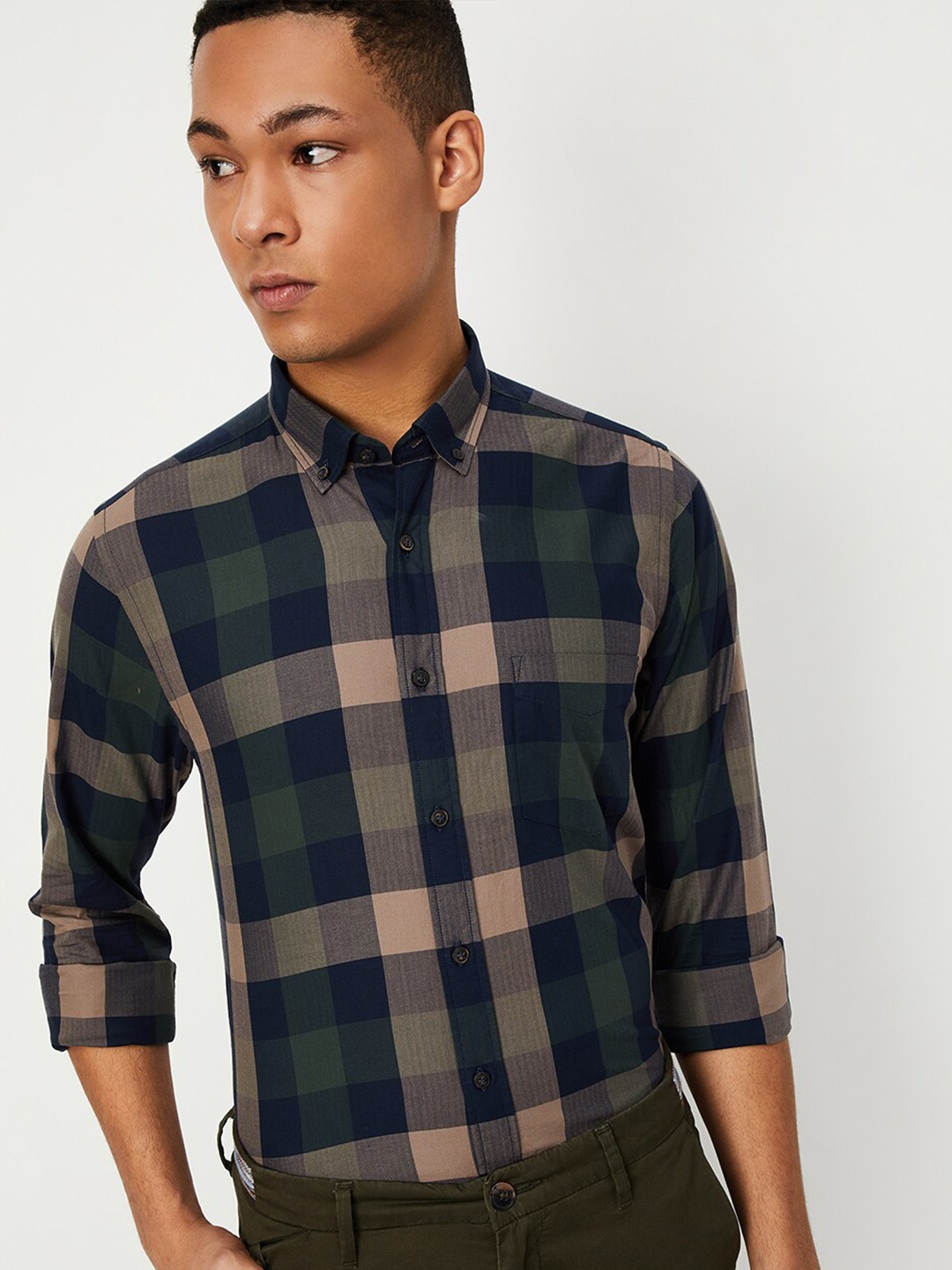

max Buffalo Checked Spread Collar Pure Cotton Formal Shirt, Brown
