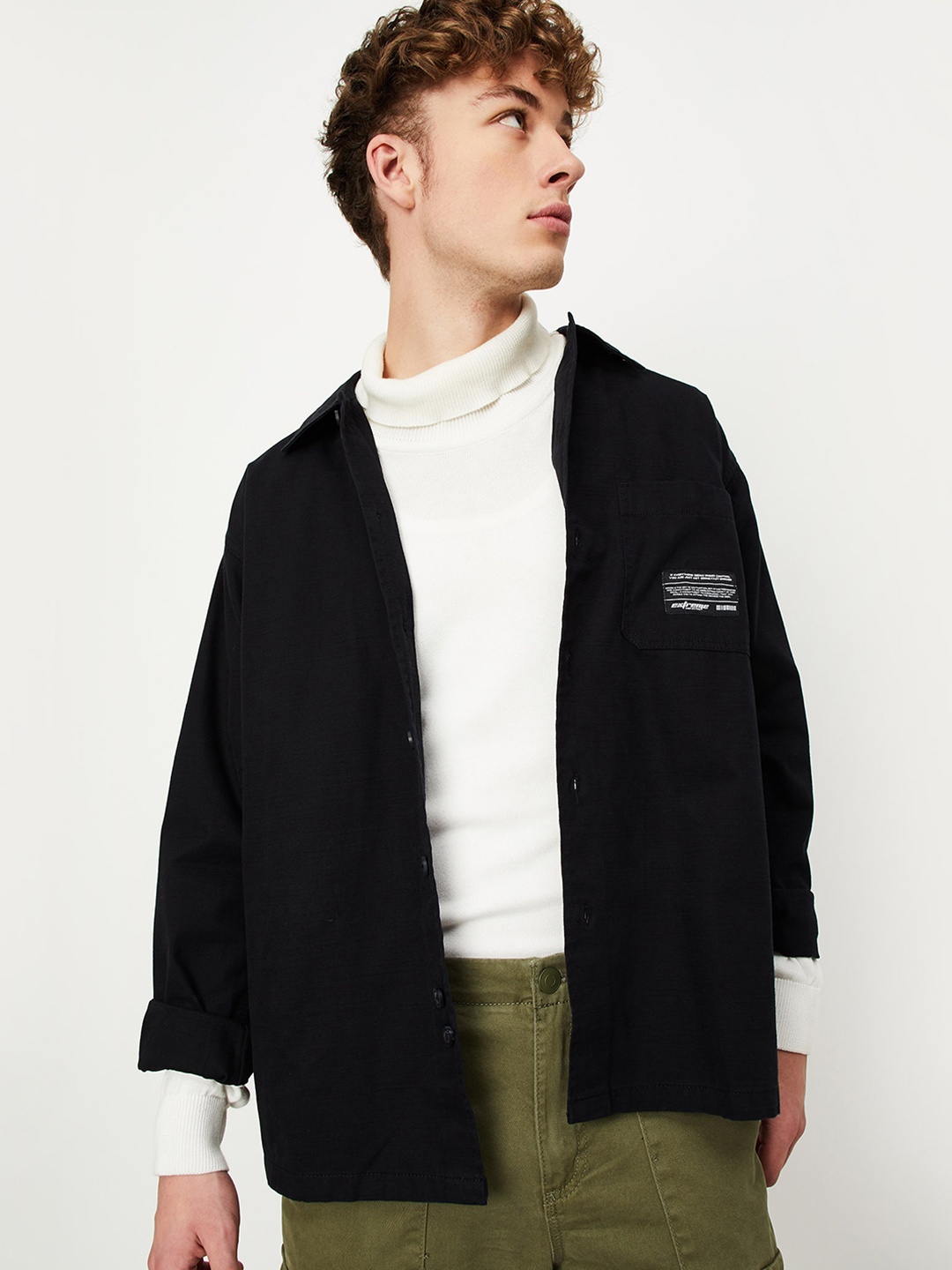 

max Typography Printed Pure Cotton Casual Shacket, Black