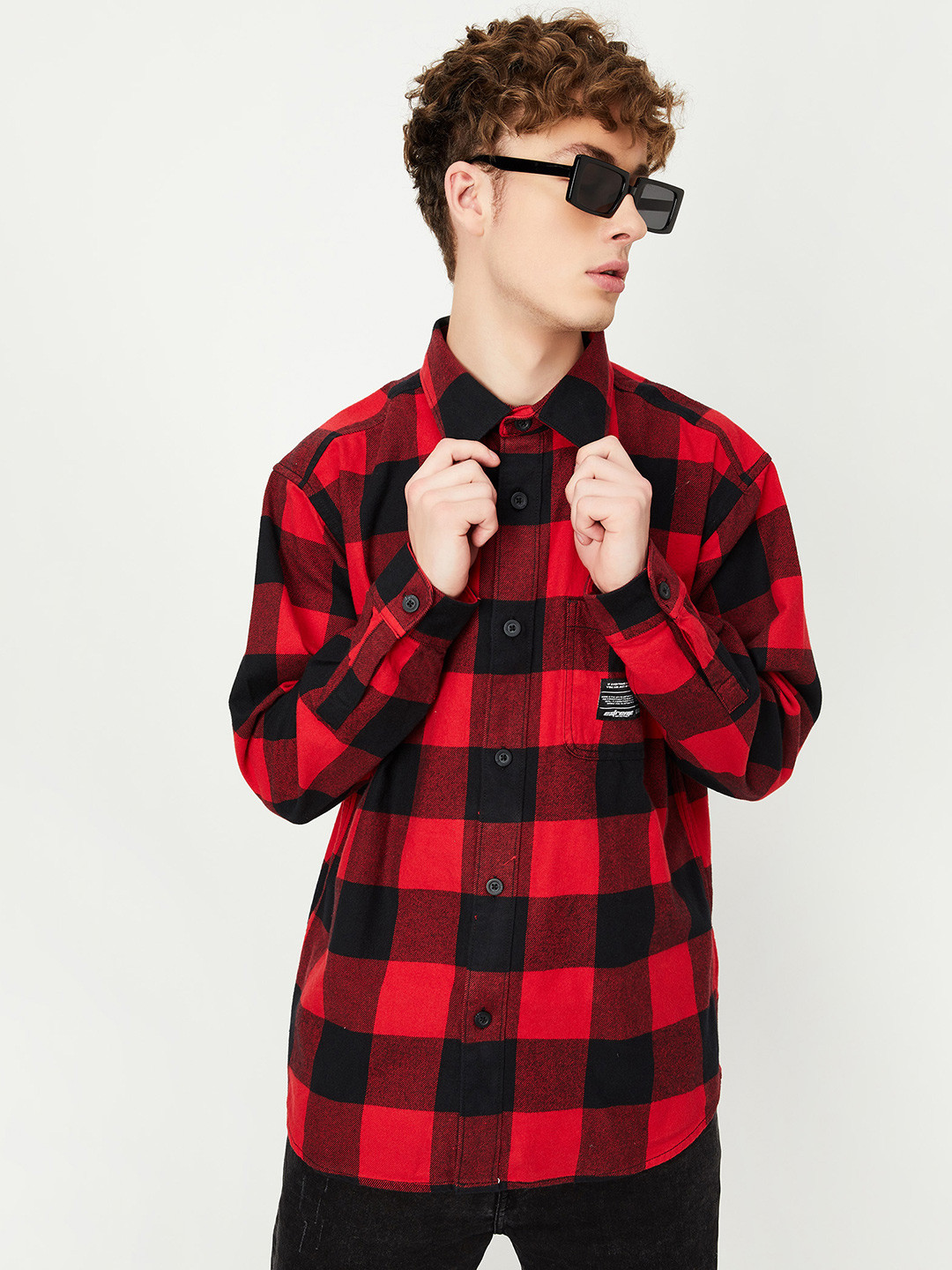 

max Buffalo Checked Spread Collar Pure Cotton Casual Shirt, Red
