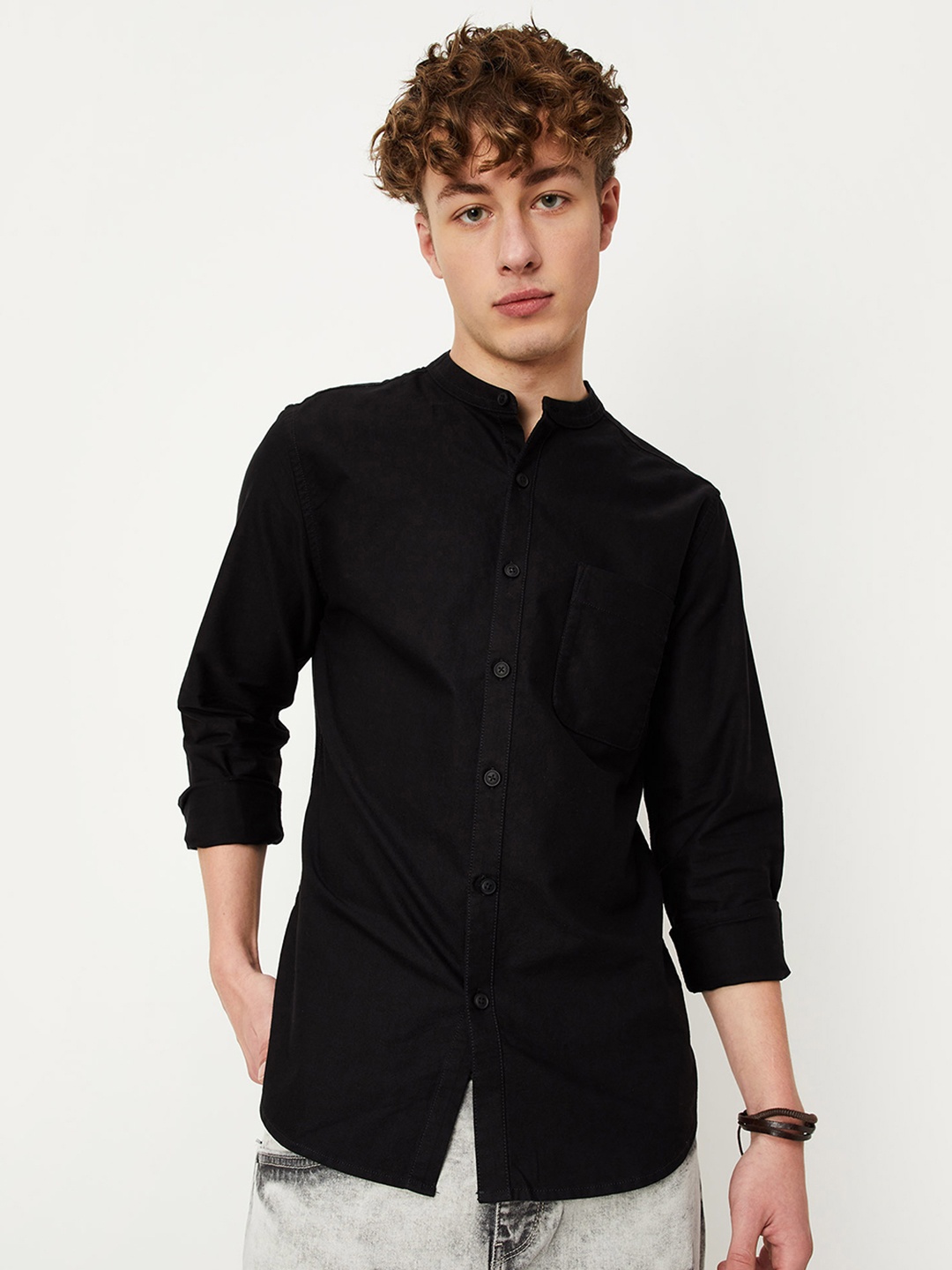 

max Band Collar Pure Cotton Casual Shirt, Black