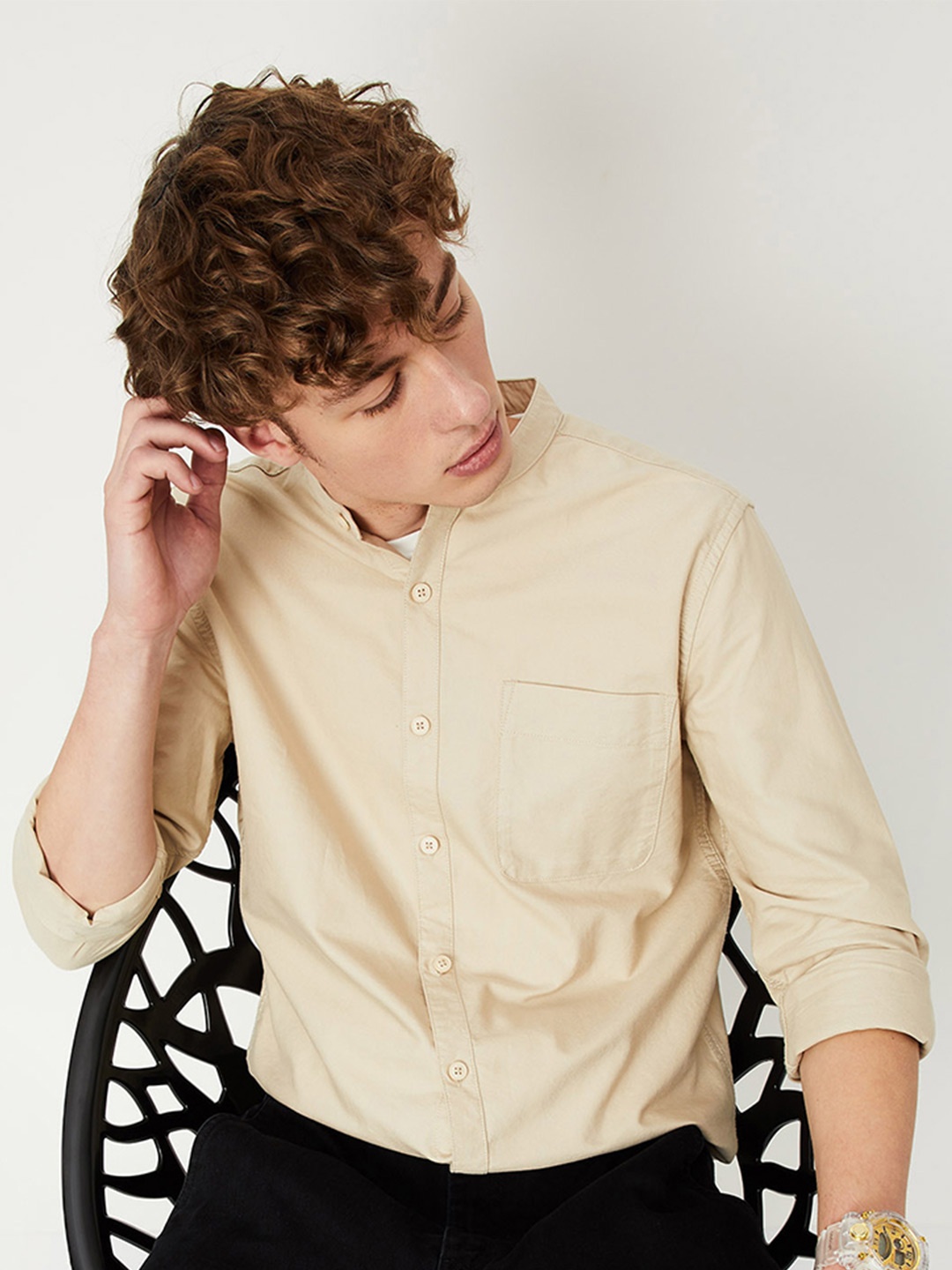 

max Band Collar Pure Cotton Casual Shirt, Beige