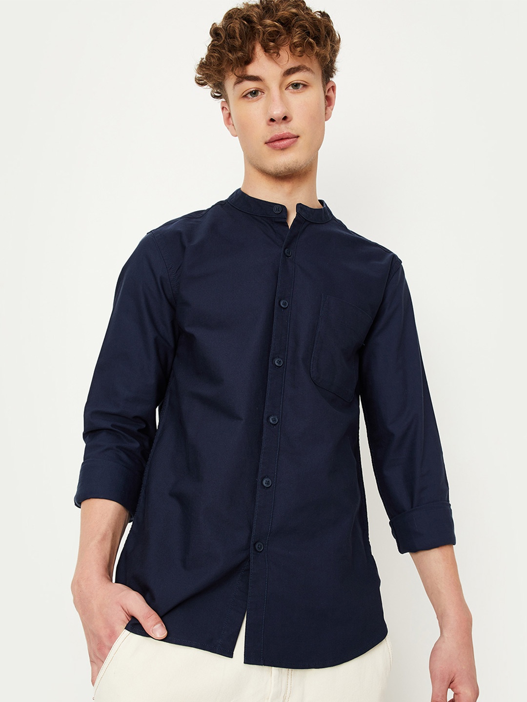 

max Band Collar Classic Cotton Casual Shirt, Navy blue